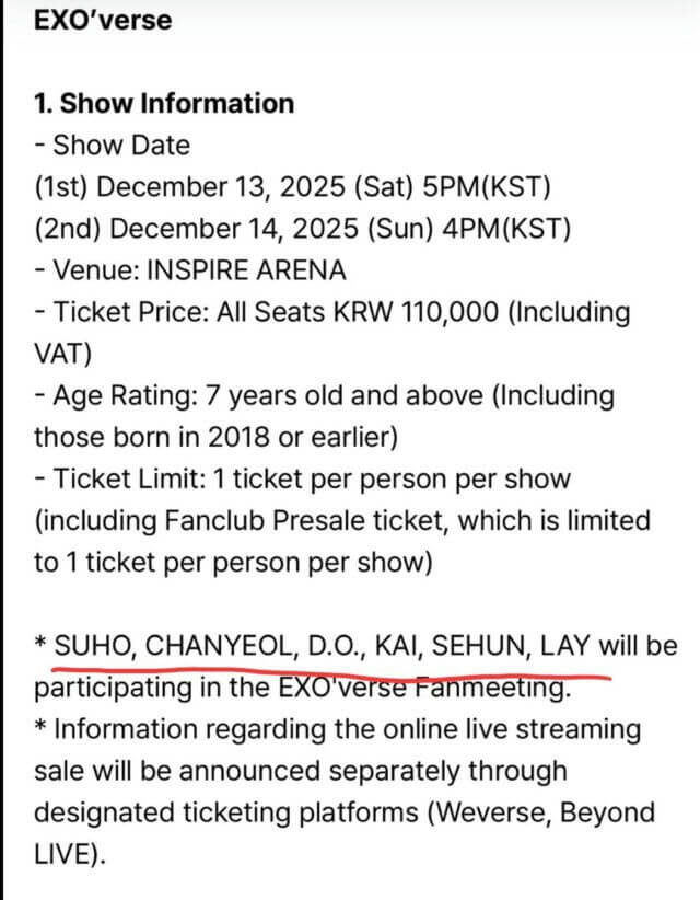 people-EXO members-A-event name-EXO'verse Fanmeeting-B-date-December 13 & 14, 2025-C-venue-INSPIRE ARENA