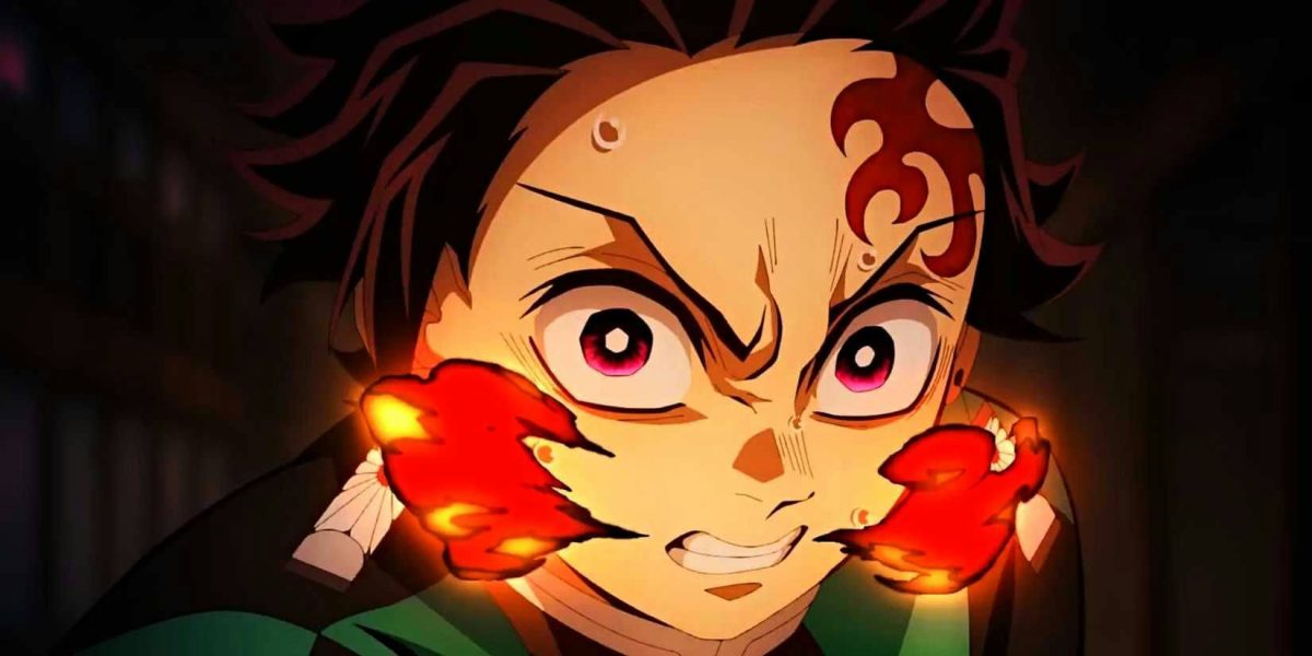 people-Tanjiro Kamado-anime-Demon Slayer-intense expression-flames-mark