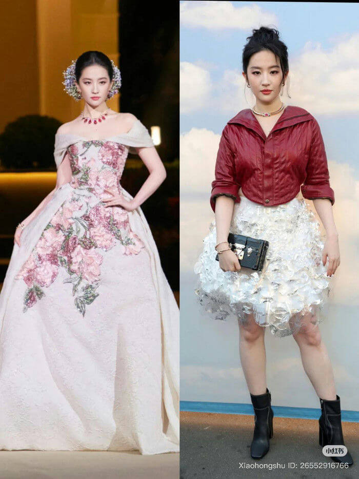 people-actress Liu Yifei-attending fashion event-wearing white floral ball gown-wearing red cropped jacket and white textured mini skirt-comparison of two different outfits