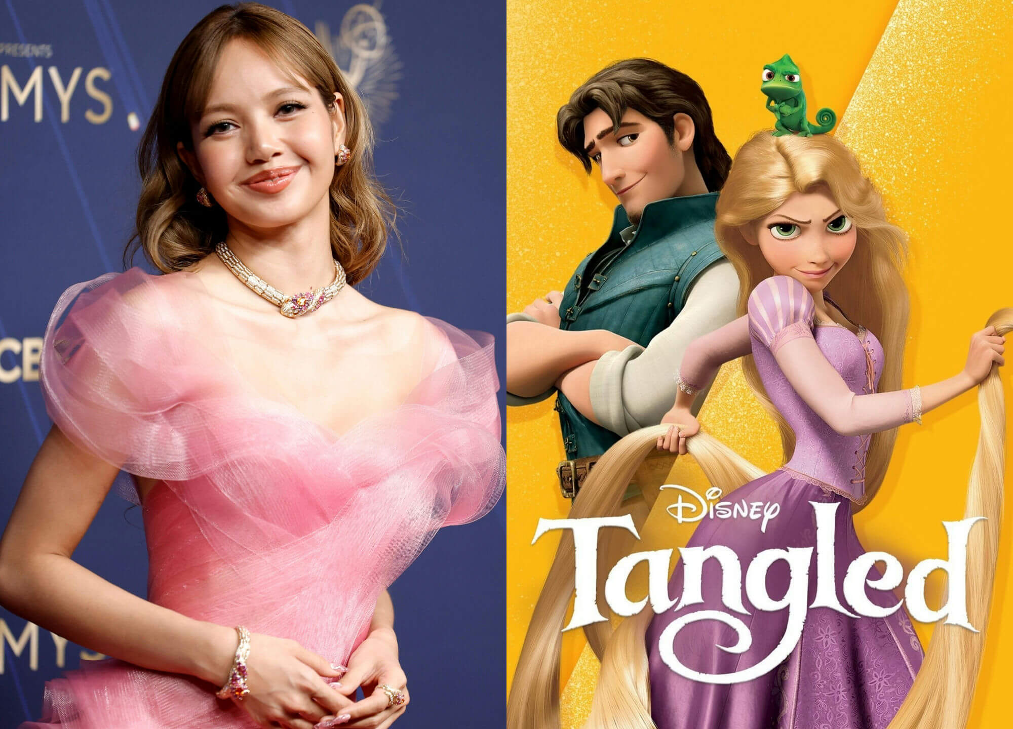 people-Lisa (BLACKPINK)-A-pink gown-A-jewelry-B-Disney's Tangled-C-Rapunzel and Flynn Rider