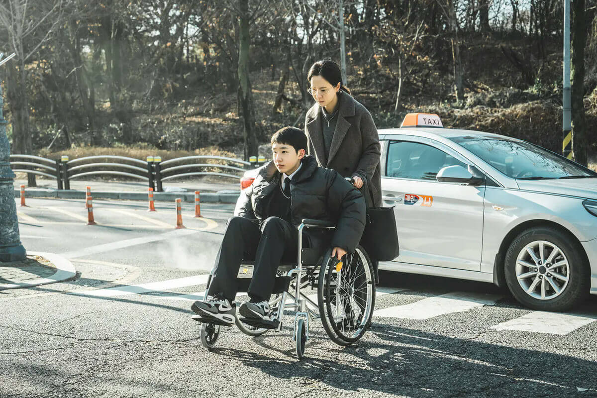 people-A-boy in wheelchair-A-woman pushing wheelchair-A-taxi-B-street crossing-C-winter clothing