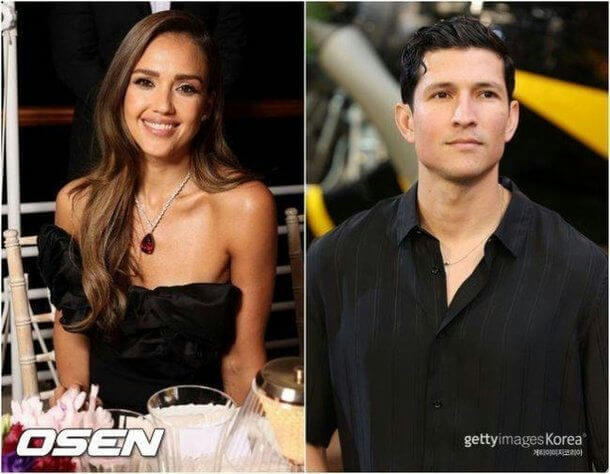 people-Jessica Alba-smiling-black strapless dress-red pendant necklace-Danny Pino-black collared shirt-standing outdoors