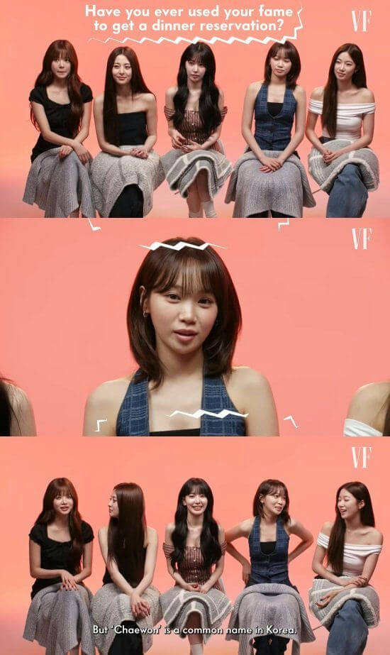people-five women-sitting on stools-wearing fashionable tops and skirts/pants-studio background-Interview setting-Korean celebrities