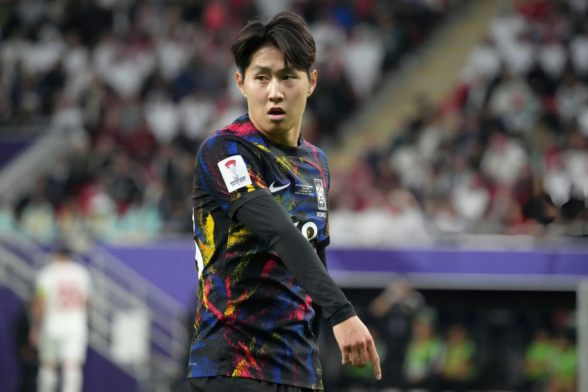 people-1-South Korean soccer player-A-playing-A-AFC Asian Cup Qatar 2023-B-soccer jersey-C-looking determined