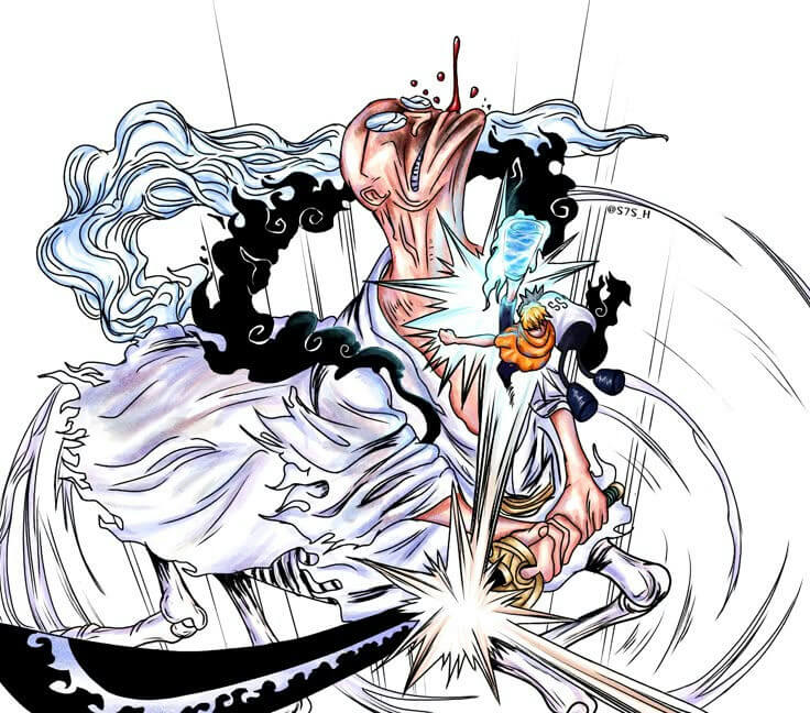 people-Two Figures Fighting-One figure (larger, older, white hair, white robes, seemingly wounded/screaming)-Second figure (smaller, striking the larger one, holding a blue flame or energy construct)-Action/Impact-Sword Slash-Dark smoke/clouds