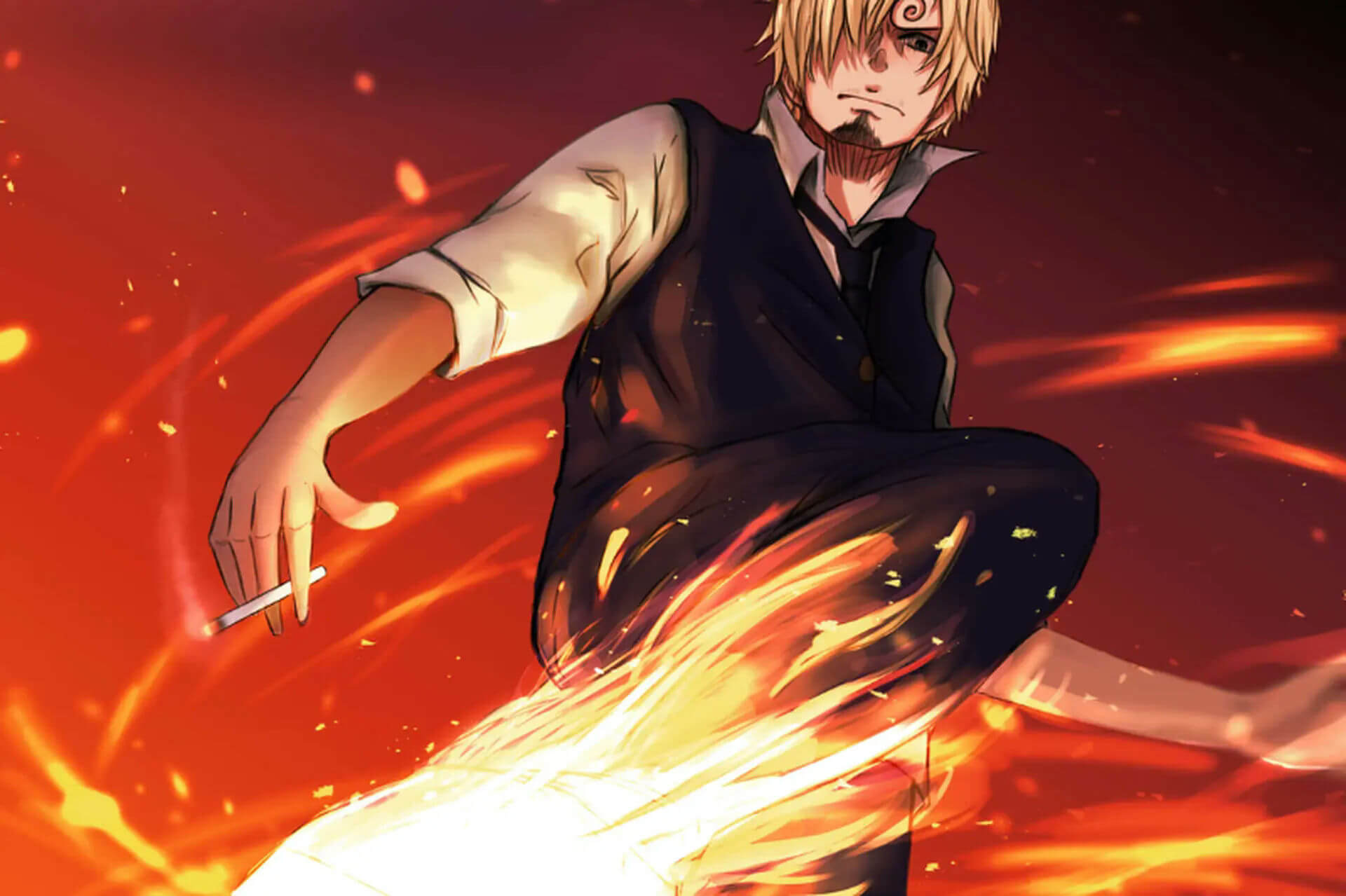 people-Sanji from One Piece-A-fire-A-kicking motion-A-holding a cigarette-B-blonde hair-C-swirl eyebrow