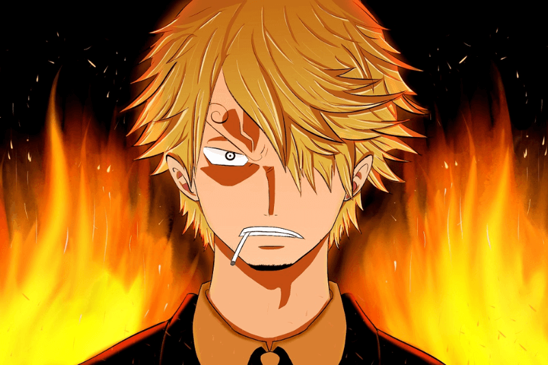 people-Sanji (One Piece)-cigarette-intense expression-flames background