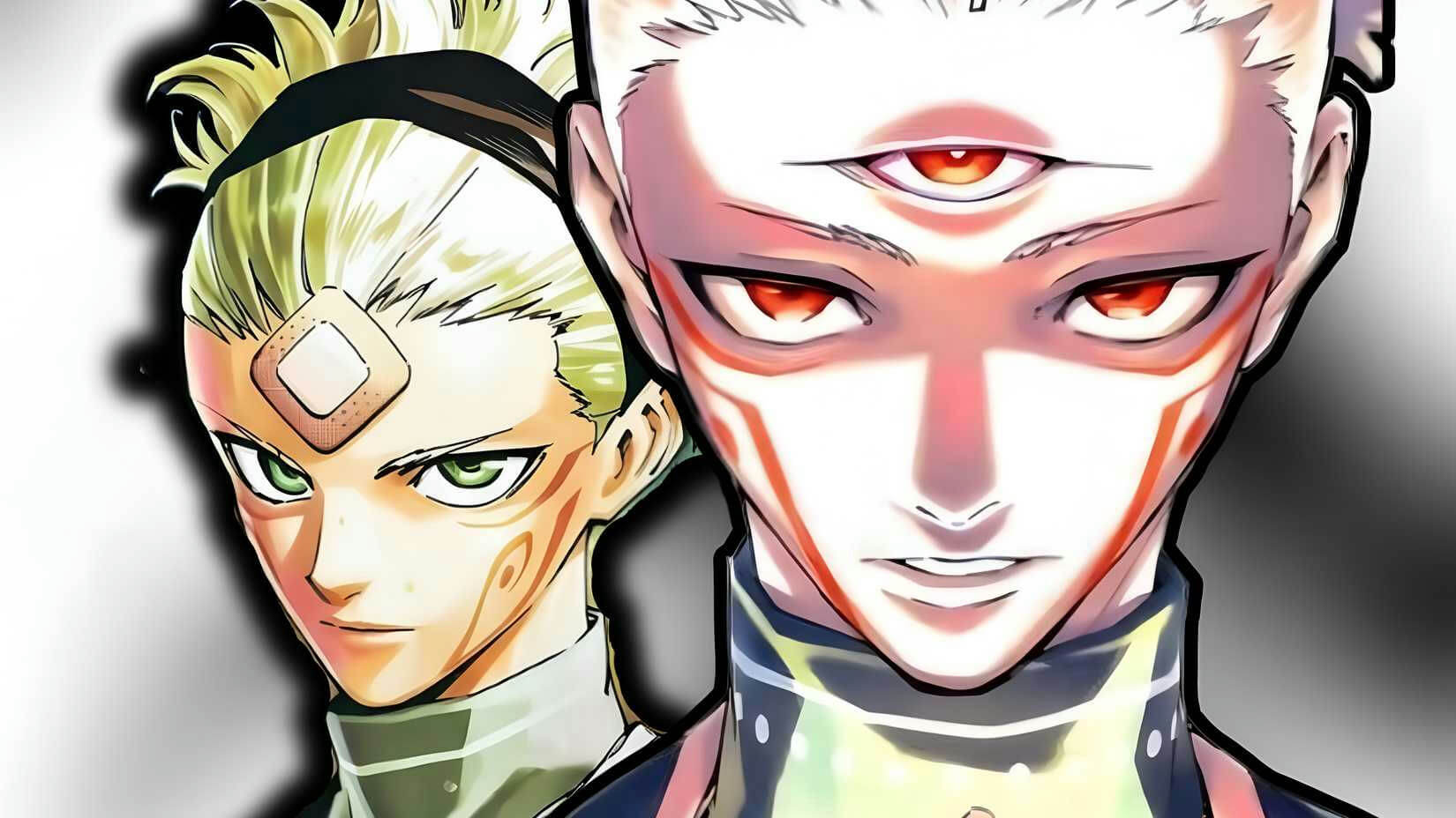 people-anime style illustration-two male characters-man with third eye and red markings-man with blonde hair and green eyes