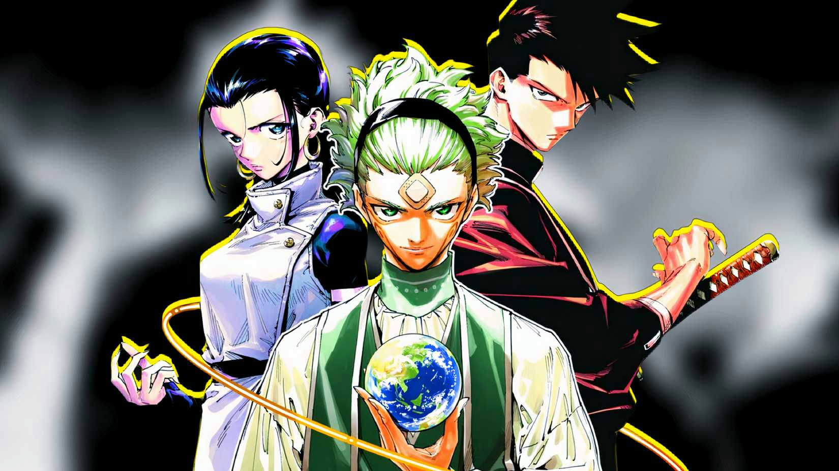 people-Three-anime-style-characters-A-green-haired-man-holding-a-globe-A-woman-in-white-uniform-A-man-with-a-katana