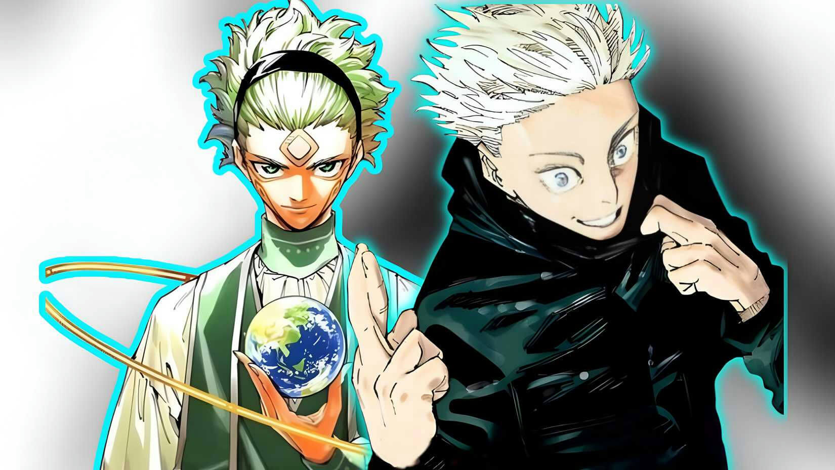 people-Zeus (Record of Ragnarok)-holding a small globe-Satoru Gojo (Jujutsu Kaisen)-pointing a finger-manga characters