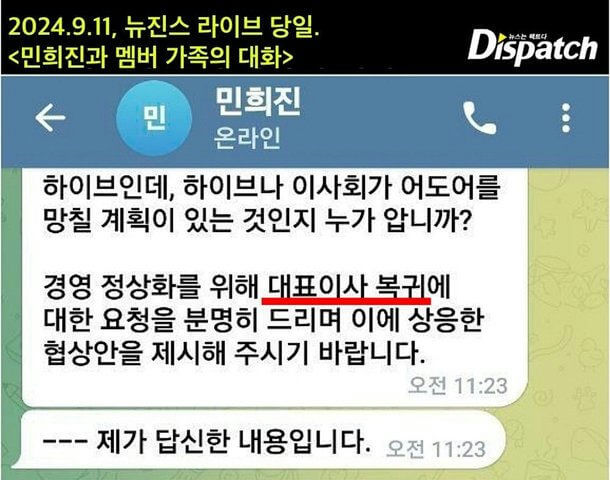 people-Min Hee-jin-text message conversation-HYBE board of directors-return of CEO-Dispatch-screenshot