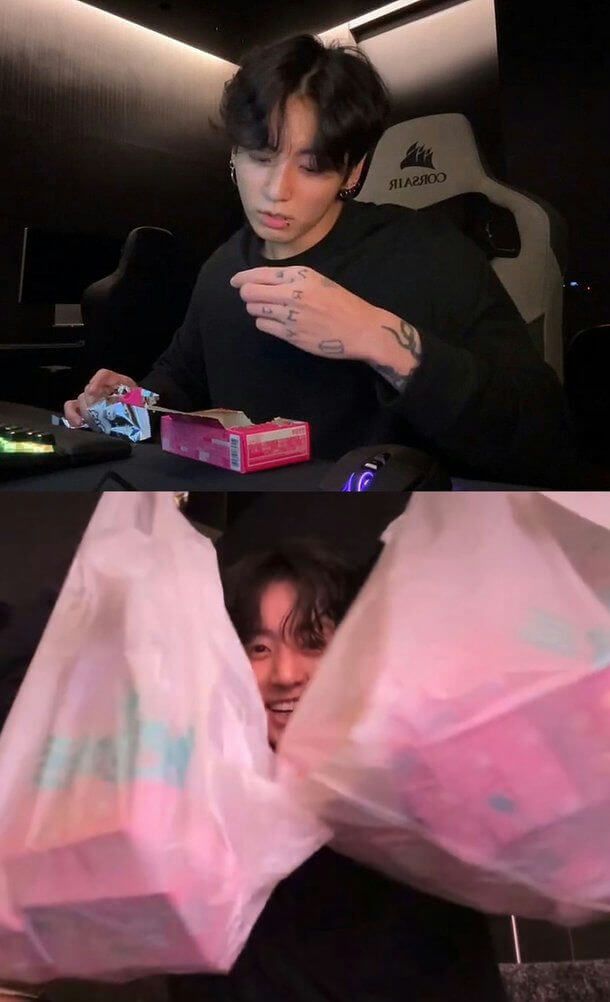 people-Jungkook (BTS)-playing video games-Jungkook (BTS)-holding candy box-Jungkook (BTS)-holding shopping bags