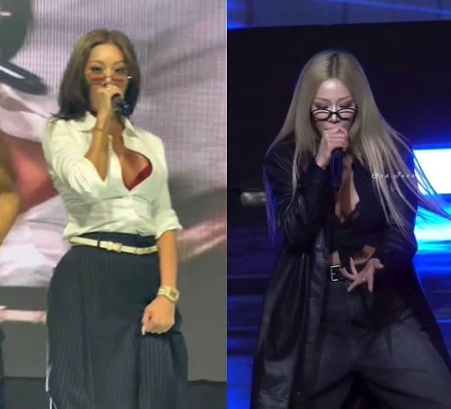people-woman on left-performing-woman on right-performing-glasses-low-cut top-long hair