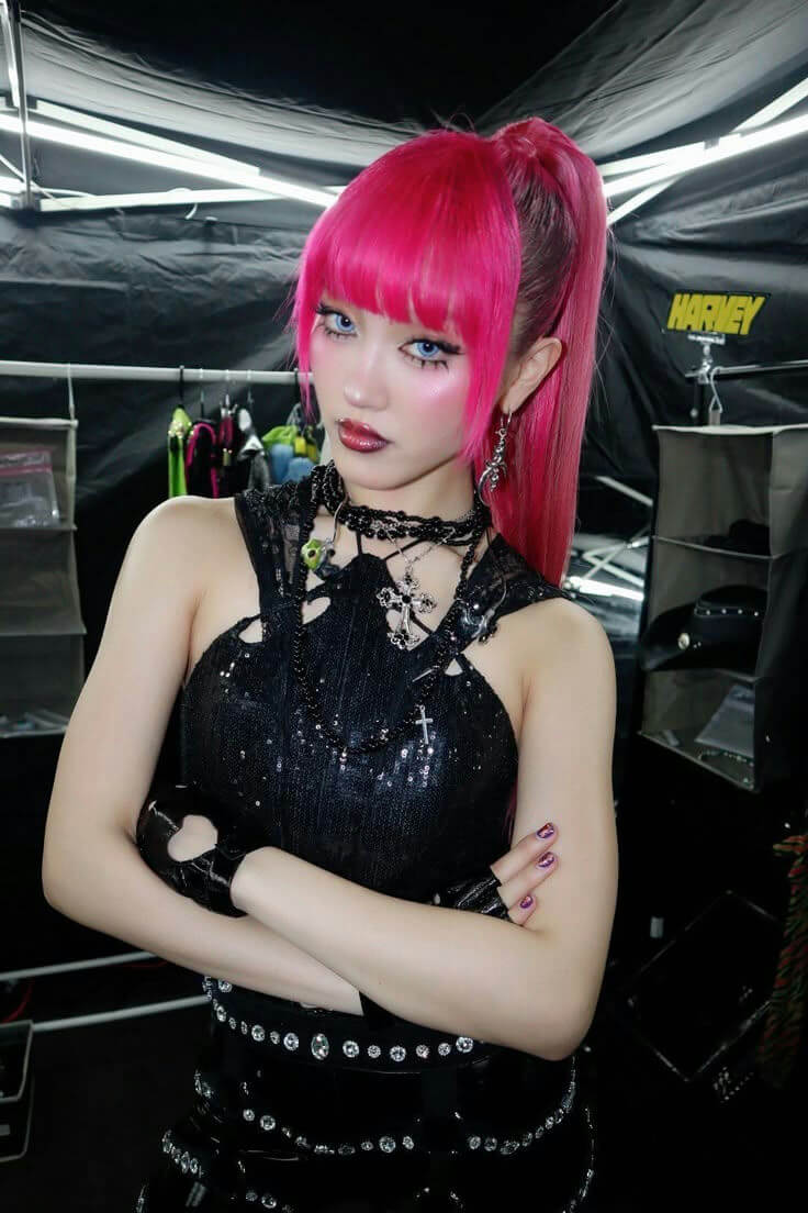 people-woman-A-pink hair-B-goth style-C-blue contacts