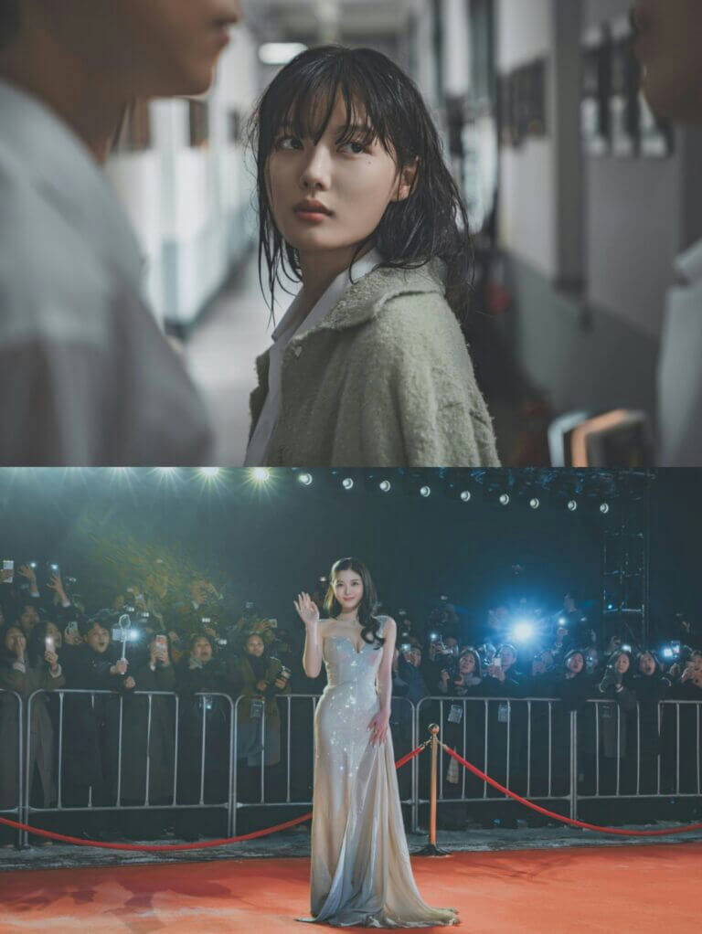 people-woman-A-staring-A-wet hair-B-red carpet-B-elegant dress-C-crowd of people-C
