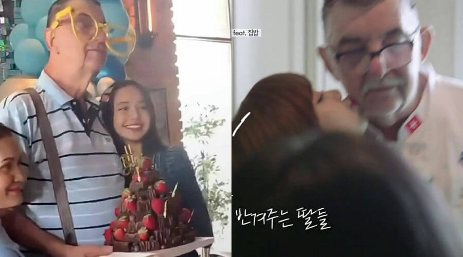 people-two women and two men-birthday-A-older man with glasses-A-young woman smiling-B-older man kissing cheek-C-chocolate strawberry cake