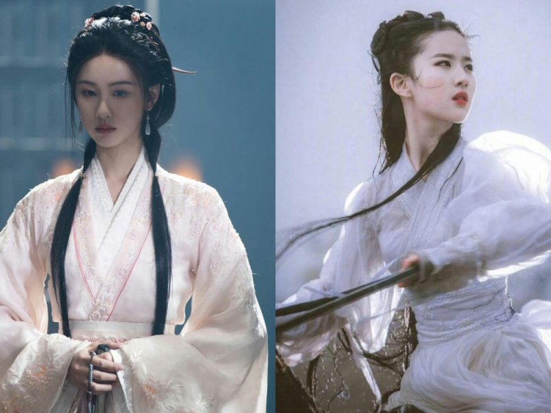 people-Two East Asian women in historical/fantasy costumes-Woman on left in pink embroidery-Woman on right in flowing white-Both have long black hair-Costume drama stills