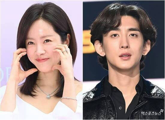 people-Woman on left with dark hair smiling and holding her cheeks with both hands, wearing a white top and a silver necklace-Man on right with dark, wavy hair looking forward, wearing a black collared shirt and a black leather jacket-Korean celebrities-Duo portrait-Split image