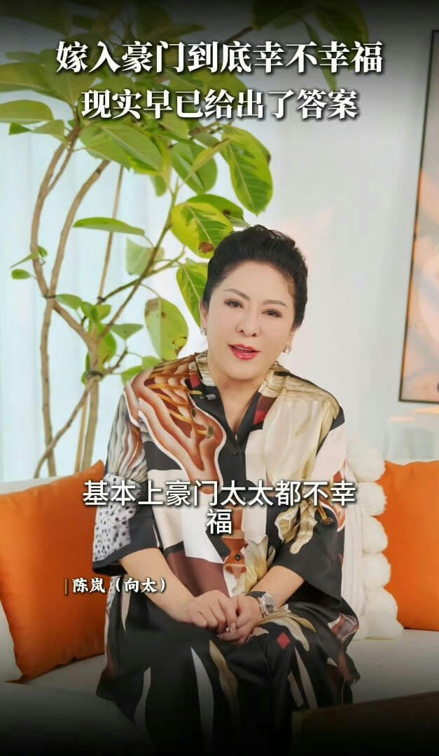 people-A-Chinese woman speaking-A-statement on wealth-B-silk patterned shirt-C-indoor setting
