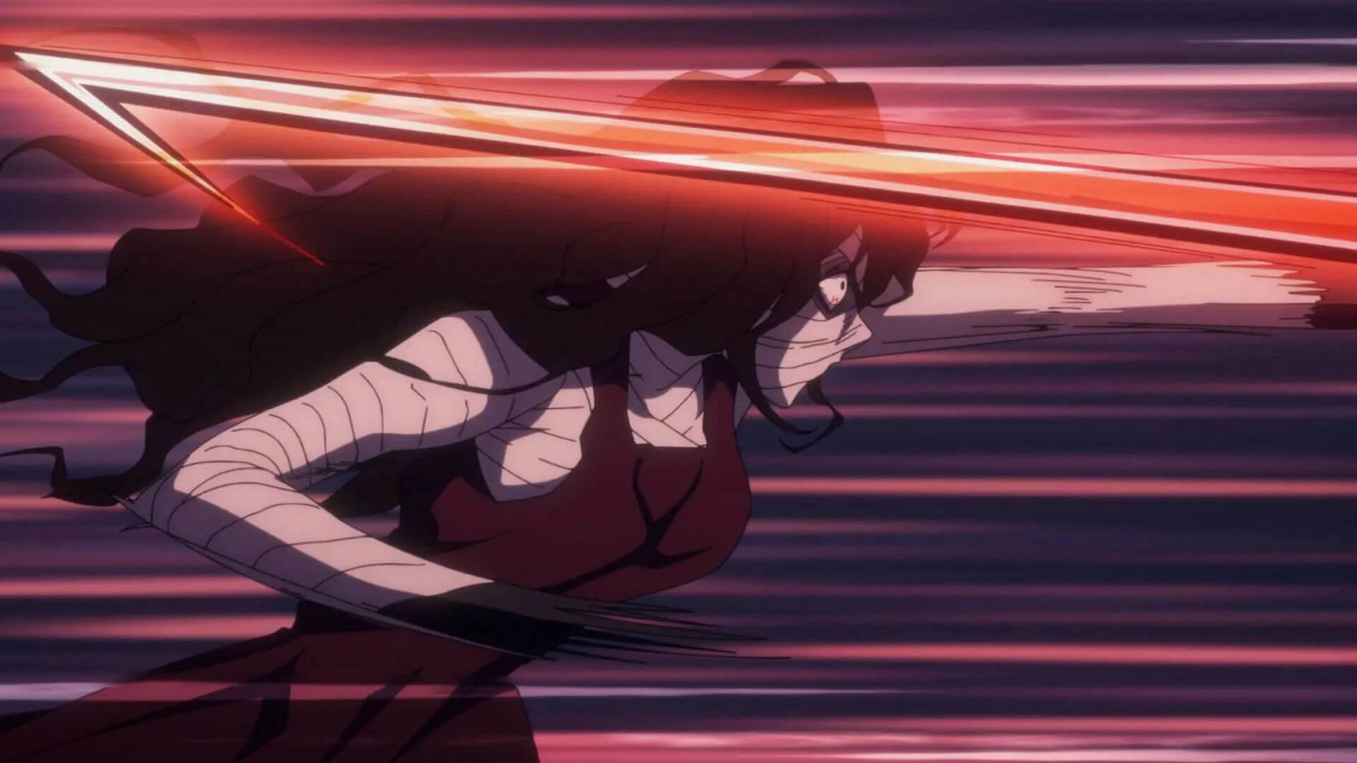 people-female character-A-anime style-A-bandages-A-sword-A-red glow-B-fast motion blur-C