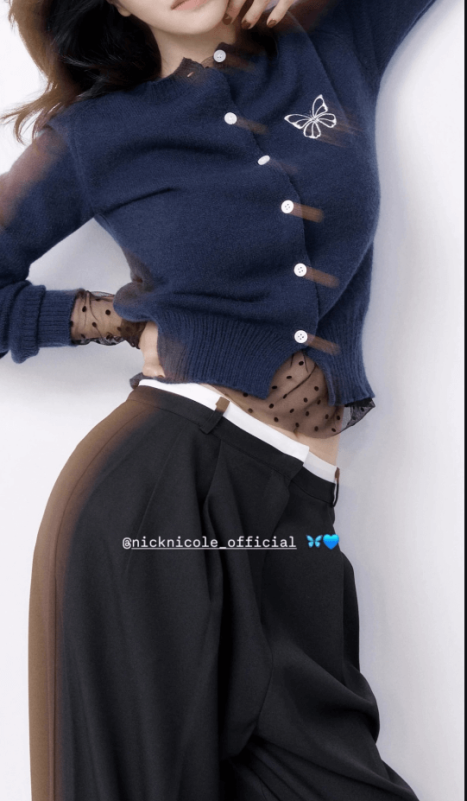 people-1-woman-A-dark blue cardigan-B-sheer polka dot top-C-black wide-leg pants