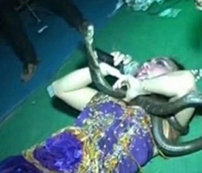 people-A-performer-A-snake-A-lying down-A-holding microphone