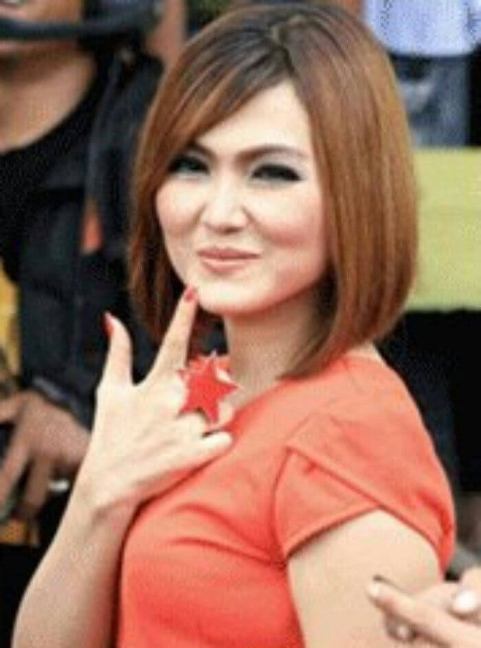 people-woman-A-short brown bob haircut-B-orange top-C-red star ring