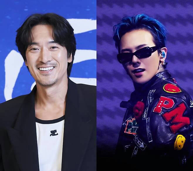 people-Man smiling in black suit and white shirt with small black logo-Man with bright blue hair, black sunglasses, and a decorated black leather jacket-South Korean actor, Lee Byung-hun-K-pop idol, G-Dragon