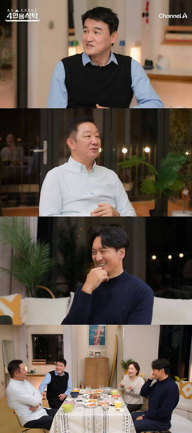 people-3 men and 1 woman-interview/talk show-A-dinner gathering-B-smiling/laughing-C-Korean television program