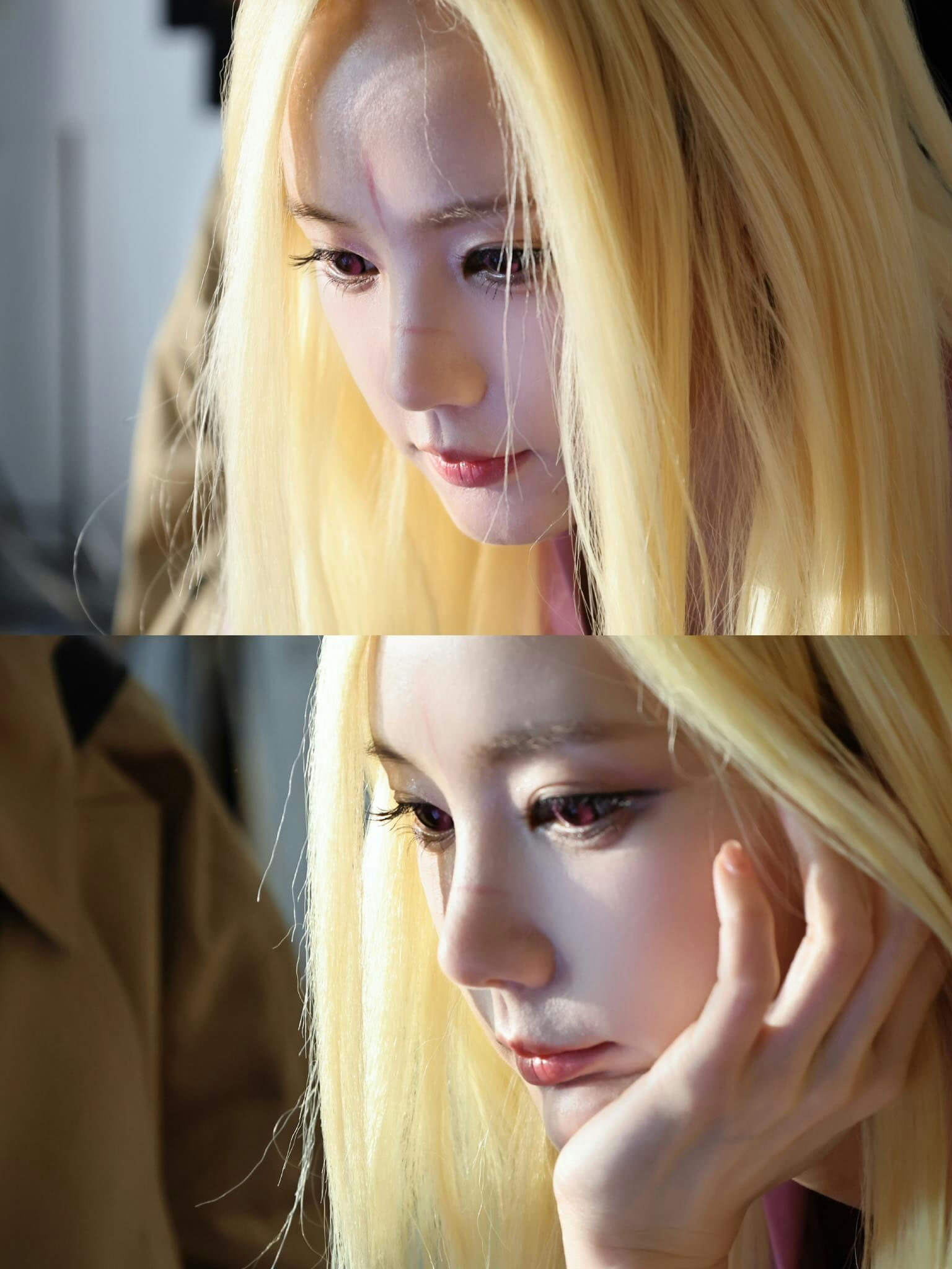 people-woman-A-blonde hair-A-scar-A-red eyes-A-pensive expression