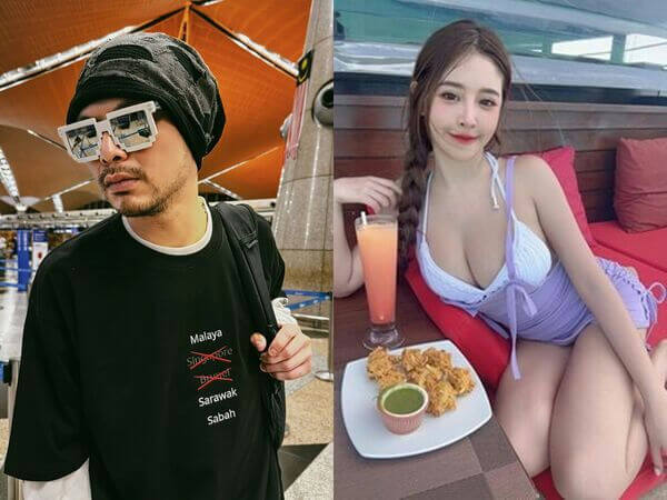 people-Man in black beanie and pixelated sunglasses posing indoors-Woman in light purple swimsuit posing with food and drink-Man wearing a black t-shirt with crossed-out names of former British territories in Southeast Asia (Malaya, Singapore, Brunei, Sarawak, Sabah)-Woman reclining on a red cushioned surface with a glass of orange drink and a plate of fried snacks with green dipping sauce-Indoor setting that looks like an airport terminal on the left and an outdoor/resort setting on the right