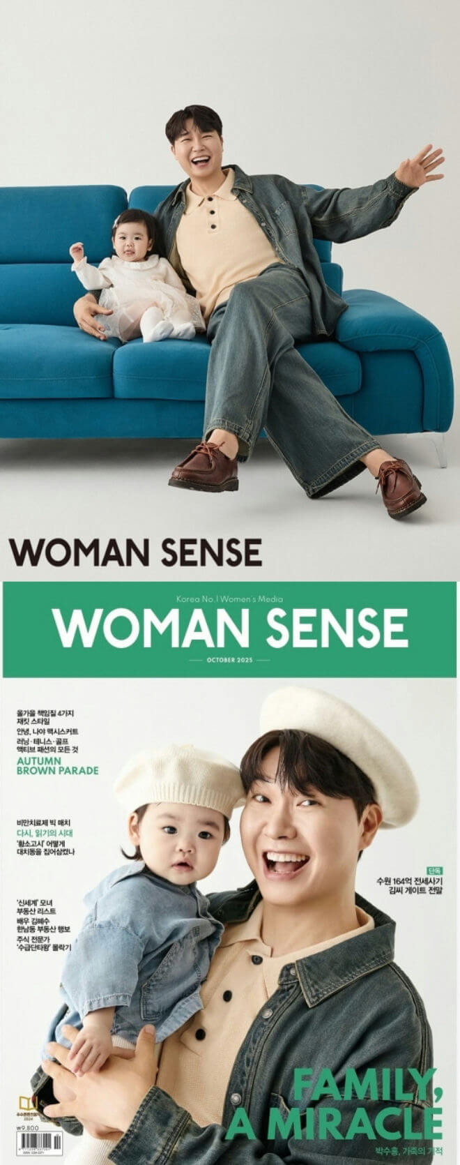 people-One man and one baby girl-A-sitting on a blue couch-B-smiling cheerfully-C-magazine cover photo