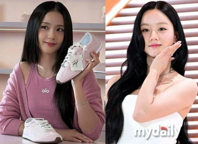 people-Jisoo (BLACKPINK)-holding pink sneakers-Park Gyu-young-posing with hand near face