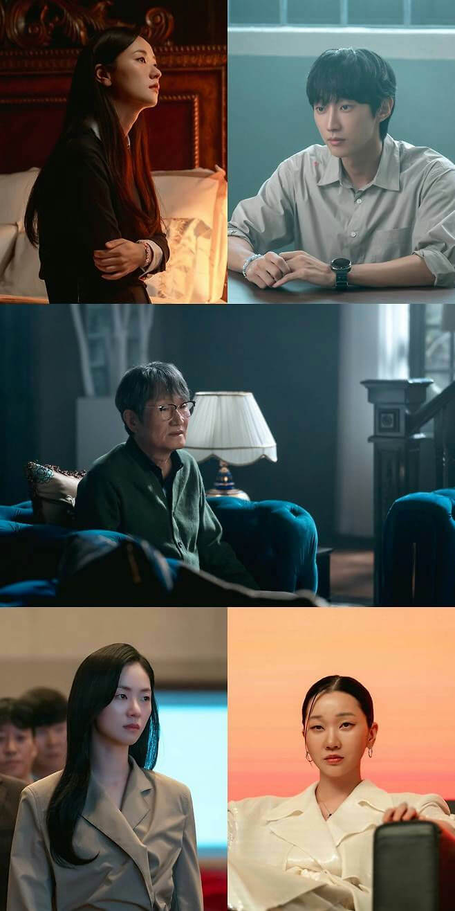 people-woman in dark attire looking up-woman in light shirt seated at table-elderly person with glasses seated on sofa-woman in beige jacket-woman in white attire seated against orange background