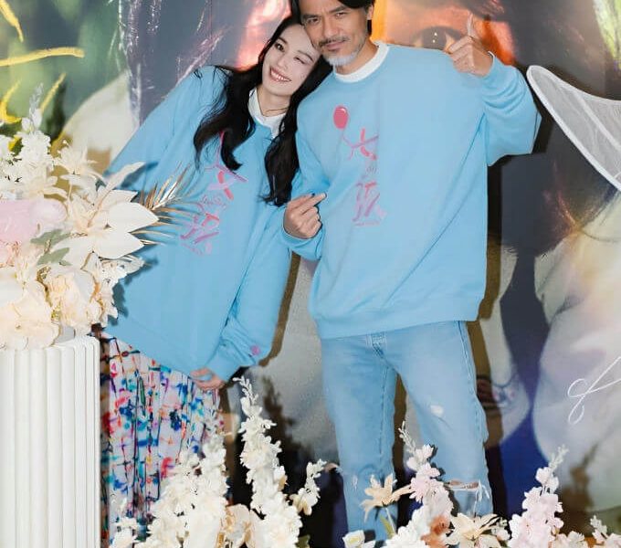 people-A-woman-A-man-B-matching light blue sweatshirts-C-winking and leaning on man-D-thumbs up and pointing at sweatshirt