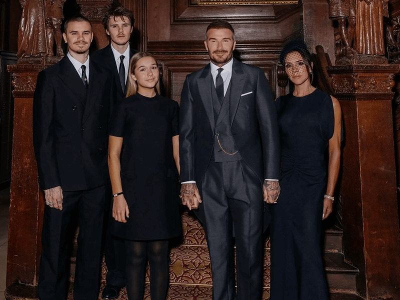 people-David Beckham-A-formal wear-A-grey suit-B-Victoria Beckham-B-black dress-C-Harper Seven Beckham-C-black dress-D-Romeo Beckham-D-black suit-E-Cruz Beckham-E-black suit
