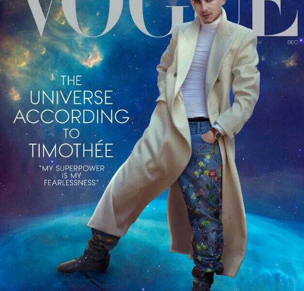people-Timothée Chalamet-magazine cover-Vogue-outerwear-long cream coat-pants-embroidered jeans-boots-dark lace-up boots