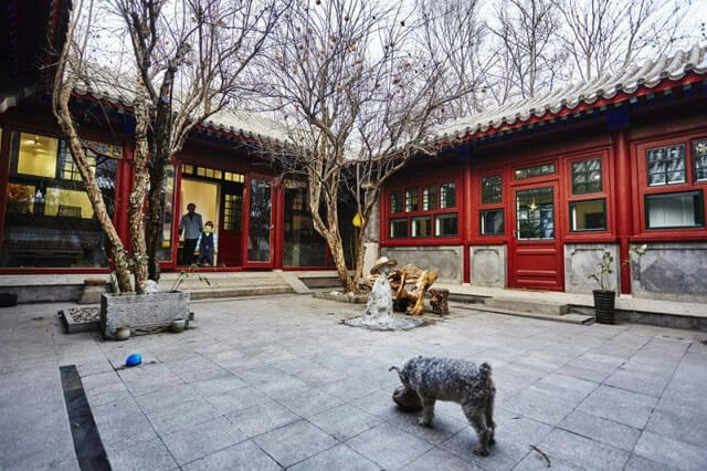 people-two people standing in a doorway-A-courtyard-A-traditional Chinese architecture-B-bare trees-C