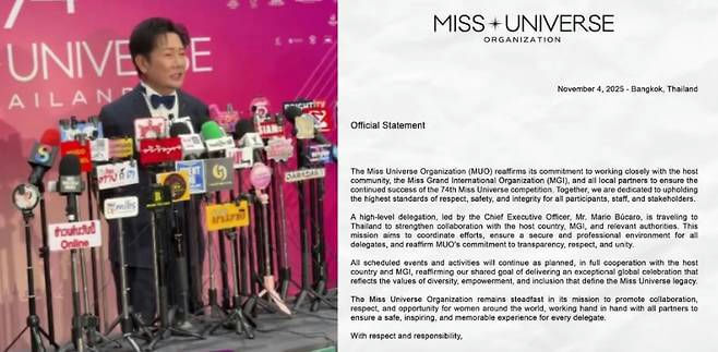 people-1-man in suit and bowtie-A-speaking at press conference-B-many microphones with logos-C-Miss Universe Organization official statement text