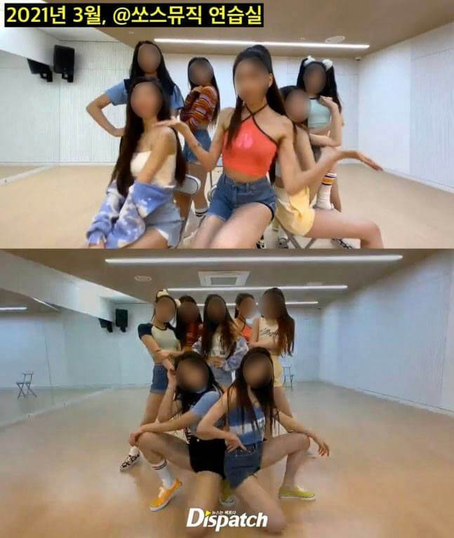 people-7-female-A-dance practice-A-Korean text-B-Dispatch logo-C-blurred faces