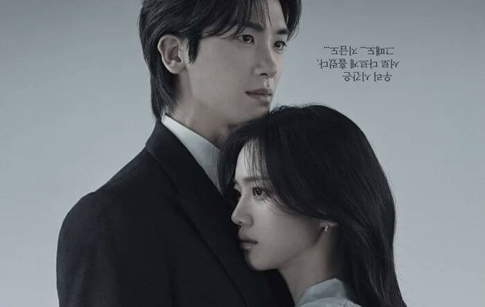 people-A-Man in suit-A-Woman embracing man-A-Korean drama poster style-A-Monochrome/Desaturated color scheme