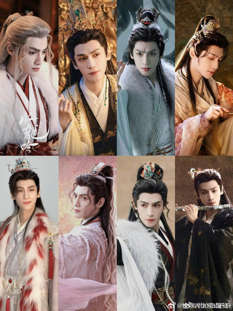 people-male actor-Chinese historical costume-A-white fur cloak-B-elaborate headwear-C-various dramatic poses