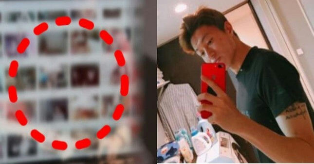 people-one male-A-mirror selfie-B-red phone-C-tattoo on arm