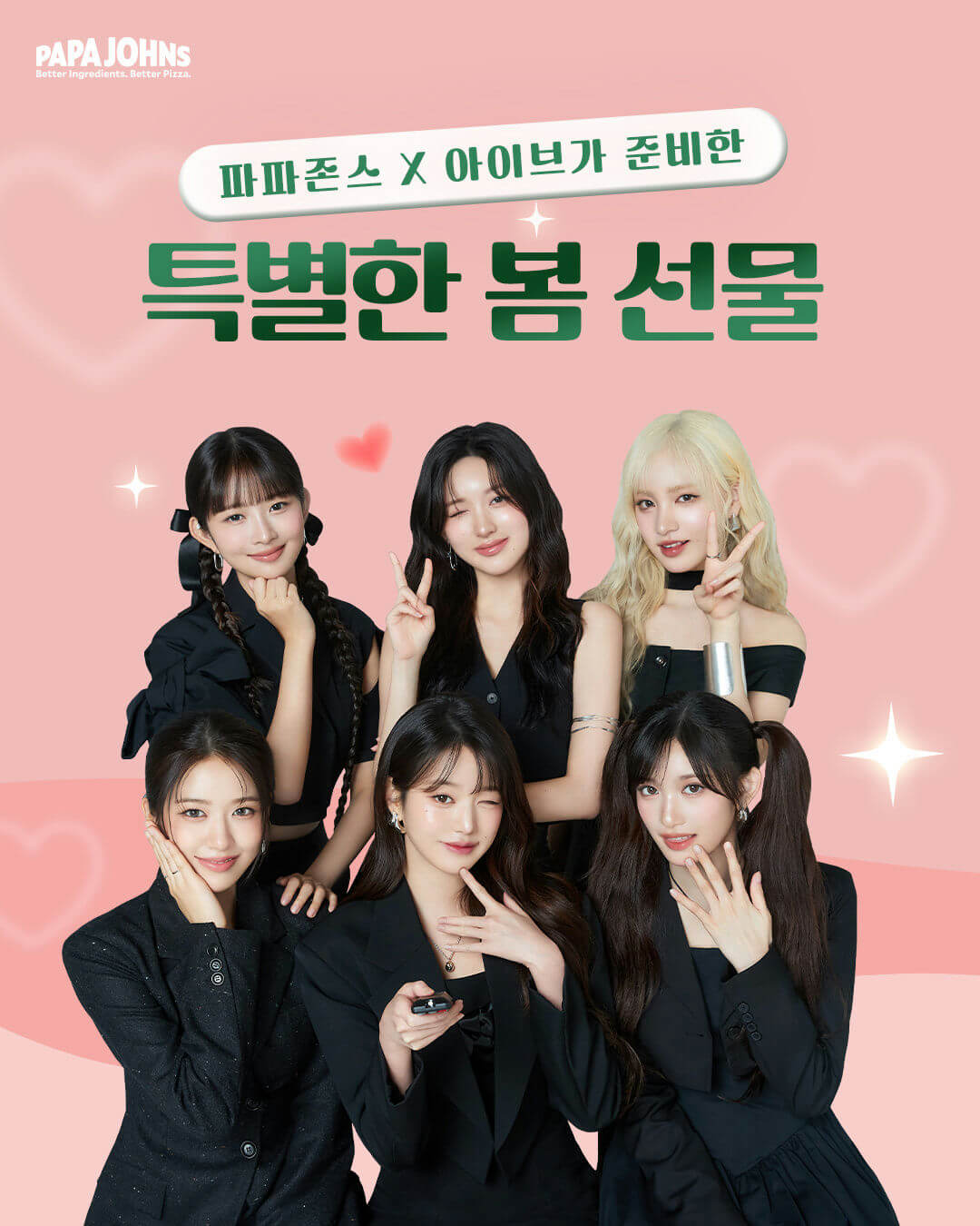 people-six young women-K-pop group IVE-black outfits-Papa John's advertisement-pink background