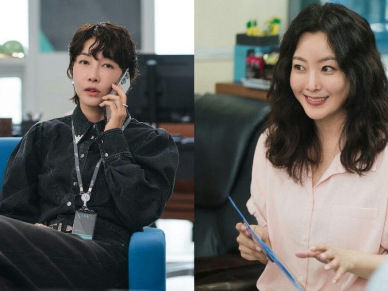 people-Two Korean actresses-A-on phone-A-in office-B-smiling in conversation-C-dichotomy of professional styles