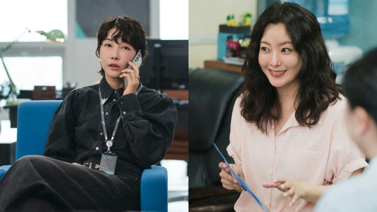 people-Two Korean actresses-A-on phone-A-in office-B-smiling in conversation-C-dichotomy of professional styles
