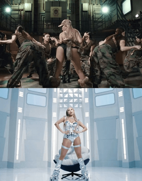 people-Jessi (rapper)-A-music video scene-A-military camouflage outfit-A-fur boots-B-futuristic silver outfit-B-silver platform boots-C-white interior setting