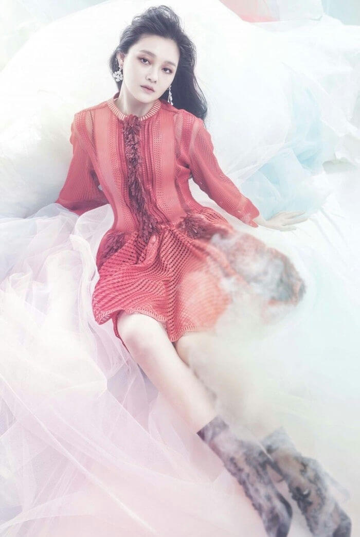 person-A-Chinese actress-A-Barbie Hsu-A-red sheer dress-A-ethereal setting-A-tulle fabric-A-lace socks