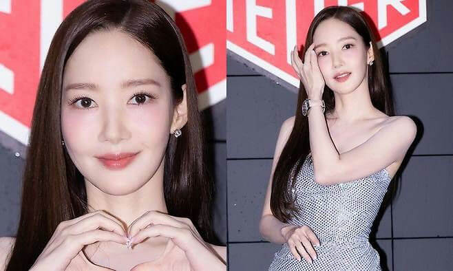 people-Park Min Young-posing-red and white background-heart hands-strapless sequin dress