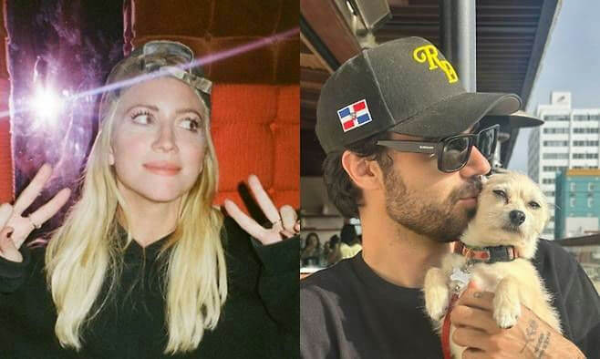 people-woman-blonde hair-peace sign-man-baseball cap-dog